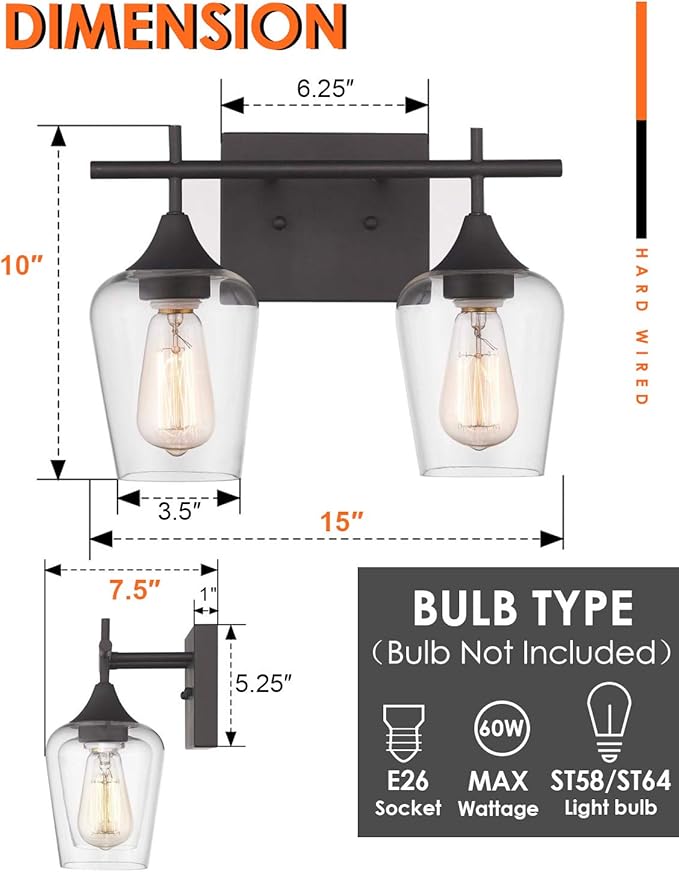 Oil Rubbed Bronze Bathroom Light Fixture, 2 Lights Bathroom Vanity Lights Over Mirror with Clear Glass, Farmhouse Bath Wall Sconce Light, WL9167-2A