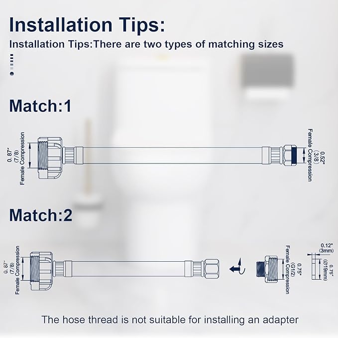 12 Inch Flexible Toilet Connector, 7/8" Ballcock x 3/8" Compression Stainless Steel Braided Toilet Hose Supply Line for Toilet Hose Replacement