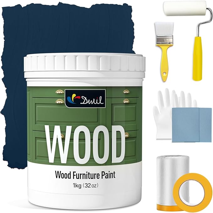 DWIL Matte Finish Furniture Paint - 32 Oz Wood Paint for Cabinets, Doors, Tables, and Dressers Refinishing - Water-Based, Non-Toxic & Odorless, Easy to Apply(Crow Black Blue)-With Tools