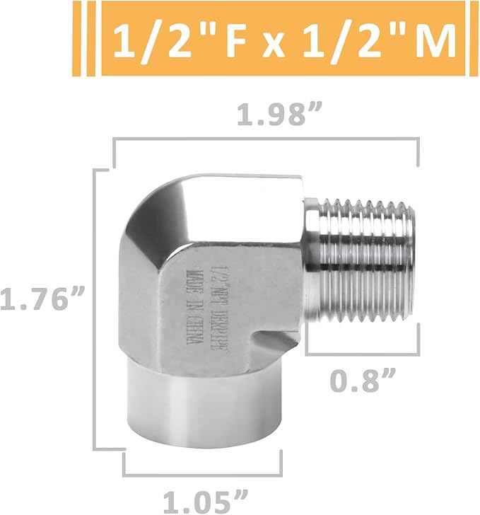 90 Degree Street Elbow - 1/2" NPT Male to 1/2" NPT Female Stainless Steel 304 Heavy Duty Forged Barstock Street Elbow Adapter Pipe Fitting (pack of 5)
