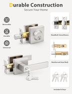 6 Pack Brushed Nickel Keyed Alike Front/Exterior Door Lever with Single Cylinder Deadbolt, Square Entry Door Knob Lock Set with Deadbolt Combination Sets, for Entrance/Front and Office Doors