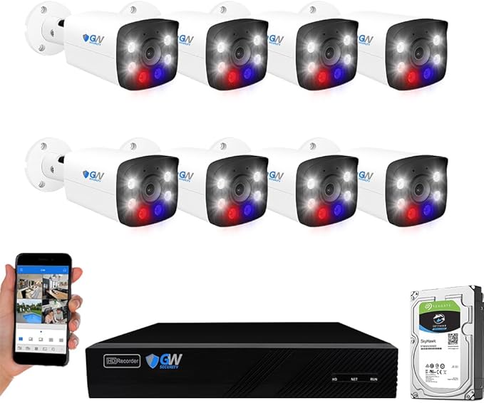 GW Security 8 Channel 4K NVR 5MP POE Audio & Video Security Camera System - (8) 5MP 1920P Waterproof Bullet Cameras,Built in Microphone, AI Human & Vehicle Detection, Pre-Installed 2TB Hard Drive