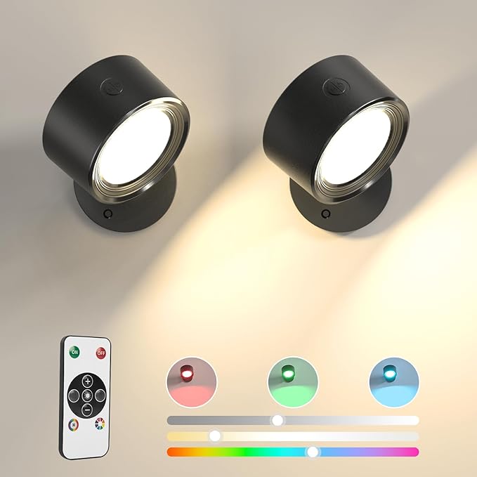 Lightbiz LED Wall Lights 2 Pcs with Remote, RGB Ambience Wall Sconces Lamp 3000mAh Rechargeable Battery Operated, 3 Color Temp & Dimmable Magnetic 360° Rotation Cordless Light for Living Room Bedside