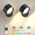 Lightbiz LED Wall Lights 2 Pcs with Remote, RGB Ambience Wall Sconces Lamp 3000mAh Rechargeable Battery Operated, 3 Color Temp & Dimmable Magnetic 360° Rotation Cordless Light for Living Room Bedside