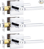 Probrico Polished Chrome Privacy Door Handle Lockset Heavy Duty Square Interior Door Lever for Bedroom or Bathroom Reversible Keyless Handleset Door Knob Slim Handed Levers, 3 Pack