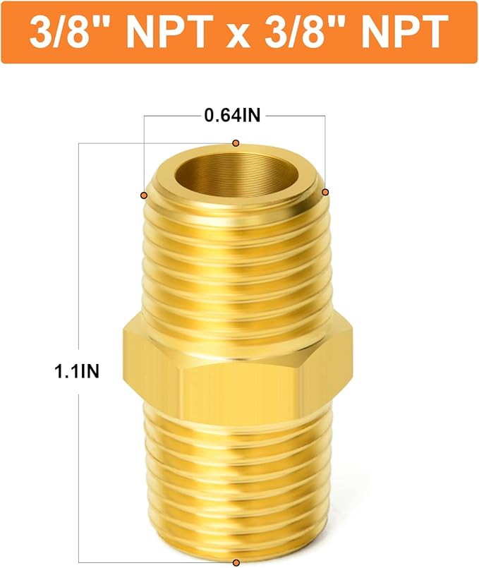 GASHER 10PCS Brass Pipe Fitting, Reducing Hex Nipple, 3/8-Inch Male Pipe x 3/8-Inch Male Pipe