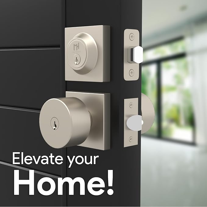 Mega Handles SUANA Entrance Combo, Door Knob and Cylinder Deadbolt and Key Combo, Heavy Duty Locking Door Knobs for Left or Right-Handed Doors – Satin Nickel