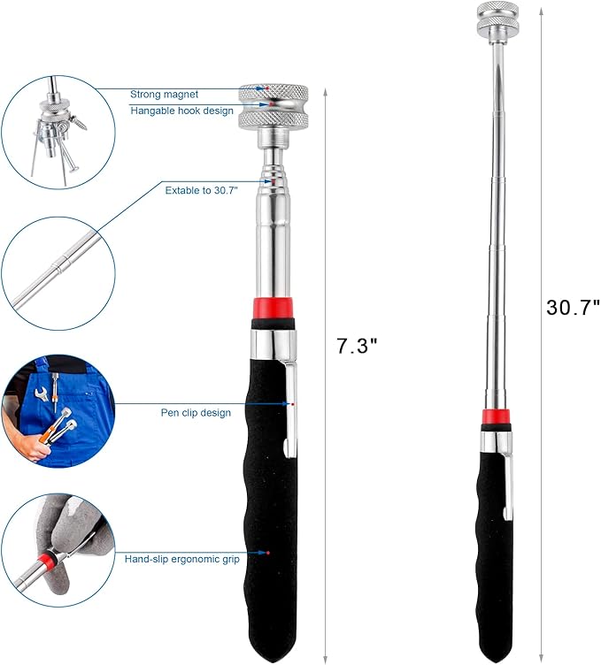 4 Pieces 25LBs Telescoping Magnetic Pickup Tool, Multifunction Magnet Hanger with Pen Clip Design, Magnet Stick Rod Extendable 7" to 30.5" for Men, Birthday, Father's Day, Holiday Gift