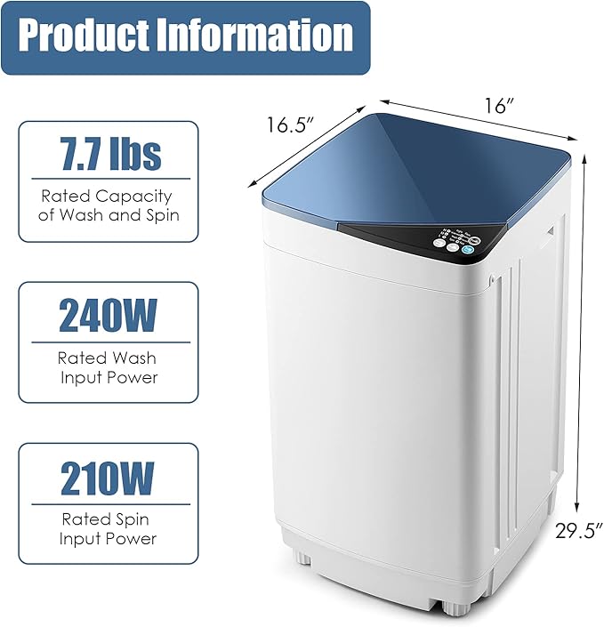 Casart Washing Machine Portable Washer W/ 7.7 Lbs Weight Capacity Washer and Dryer Full Automatic Washing Machine (Blue&White)