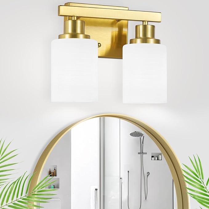 Gold Bathroom Light Fixtures Over Mirror, 2-Light Modern Vanity Lights with White Glass Shade, Bathroom Wall Lamp Sconces for Mirror Bedroom, Living Room Hallway Small Space