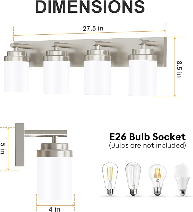 IZORRO Bathroom Vanity Light Fixture, 4-Light 27.5 Inch Brushed Nickel Bathroom Light Fixtures Over Mirror, with White Glass Shade, Modern Farmhouse Vanity Lights, Rustic Restroom Lighting Fixtures