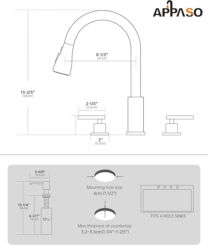 APPASO 4 Hole Kitchen Faucet, Gold Two Handle Kitchen Faucets with Sprayer, Modern High Arc 3 Hole Kitchen Faucet with Pull Down Sprayer，3 Modes Stainless Steel Kitchen Sink Faucet