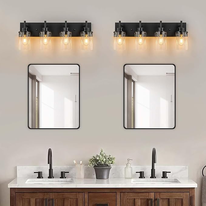 GoYeel Bathroom Light Fixtures Over Mirror, Matte Black Vanity Light 4 Light Wall Sconce Lighting Indoor Farmhouse Bathroom Lamp with Clear Glass Shade for Bedroom Living Room Hallway Kitchen