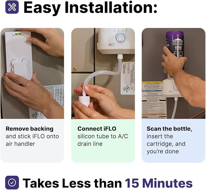 iFLO® Smart A/C Drain Line Cleaner and Drain Pan Cleaner Cartridge Concentrate, Fast-Acting, Long-Lasting HVAC System Solution for Tough Clogs & Buildup, 6-Month Supply per Bottle, 3 Pack of 36oz