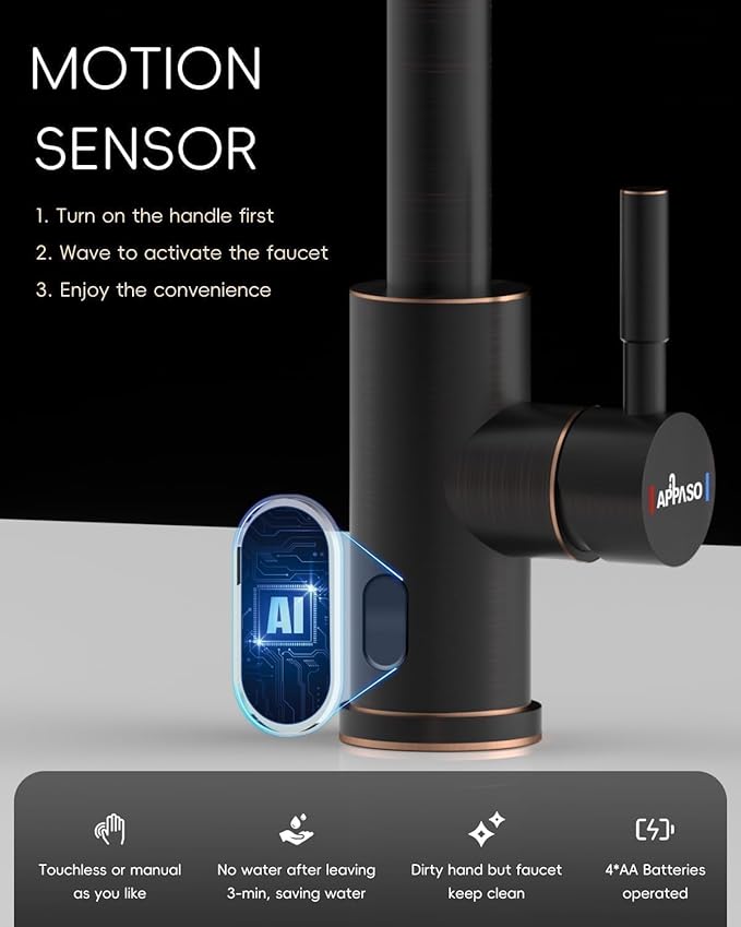 APPASO Bronze Touchless Kitchen Sink Faucet with Pull-Down Sprayer and Soap Dispenser, Oil Rubbed Bronze Kitchen Faucet Touchless, Single Handle High Arc Stainless Faucets with Sensor