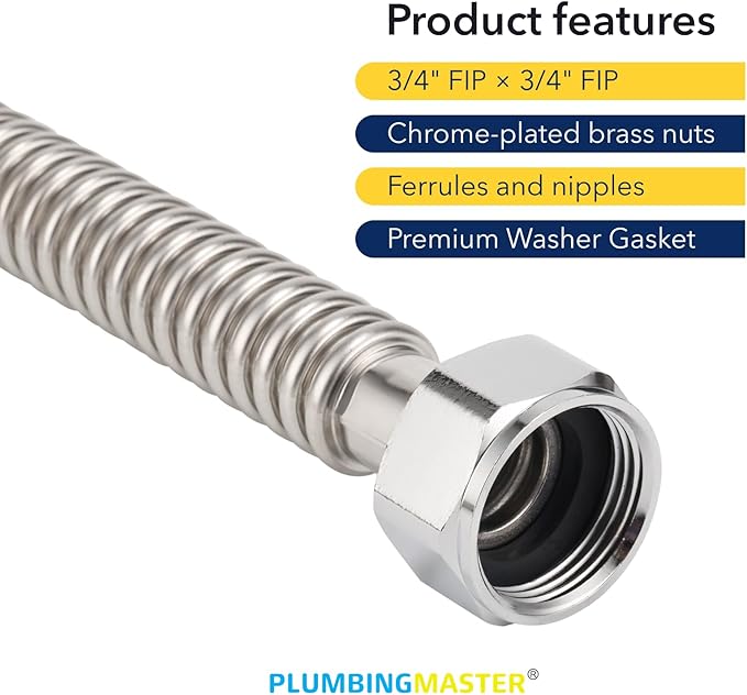 Stainless Steel Corrugated Water Heater Connector, 24-Inch, 3/4" FIP* 3/4" FIP hot and cold Corrugated Water flexible hose, Leak-Proof, 10-Year Warranty, 2-pack
