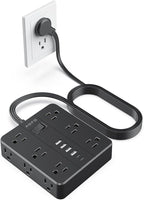 10FT Surge Protector Power Strip,12 AC Outlets with 6 USB Ports (2 USB-C), Flat Plug Extension Cord with Multiple Outlets, Wall Mount for Home Office,Dorm,Black
