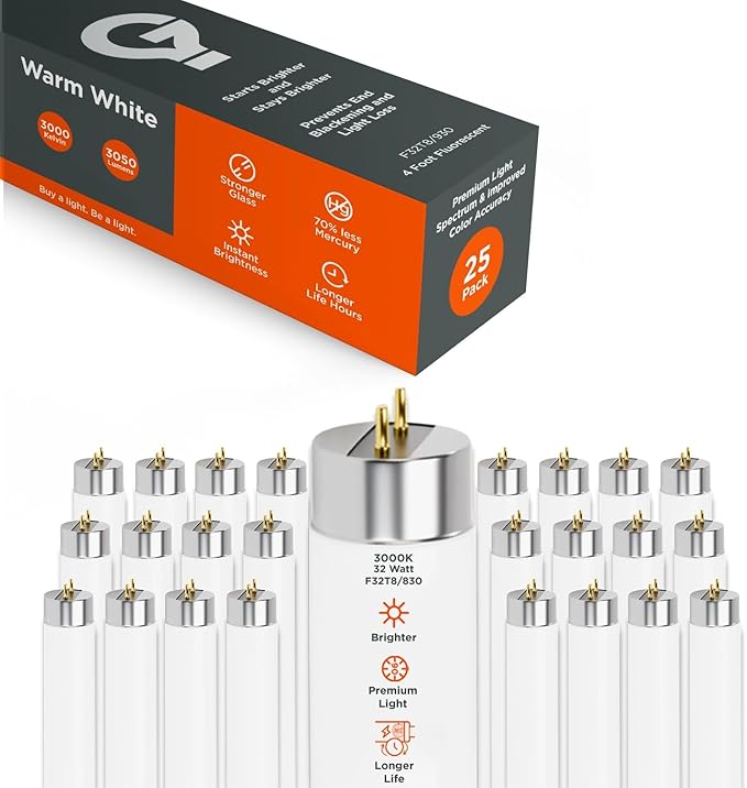 GoodBulb 32W 48 Inch T8 Fluorescent Light Bulb 3000K Warm White Medium Bi-Pin Base 3050 Lumens 86 CRI 24000 Life Hours Instant/Programmed Start (Pack of 25)