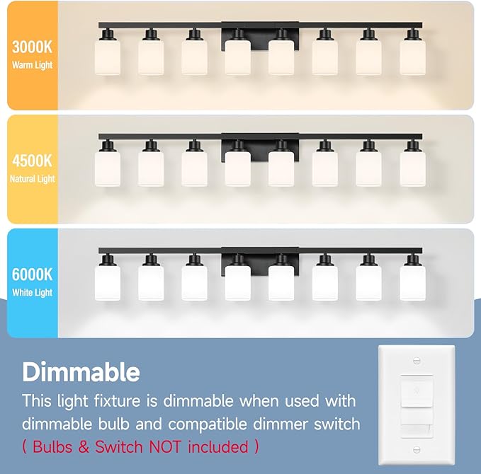 8 Light Bathroom Vanity Light,Modern Matte Black Bathroom Light Fixtures Over Mirror with Square Frosted Glass,Wall Sconces for Restroom,Living Room Hallway E26