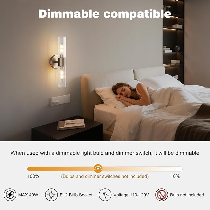 Bathroom Light Fixtures 2-Light, Modern Vanity Light for Bathroom, Wall Sconce, Bath Light with Glass Rods Shades for Mirror Bedroom Hallway (Brushed Nickel)