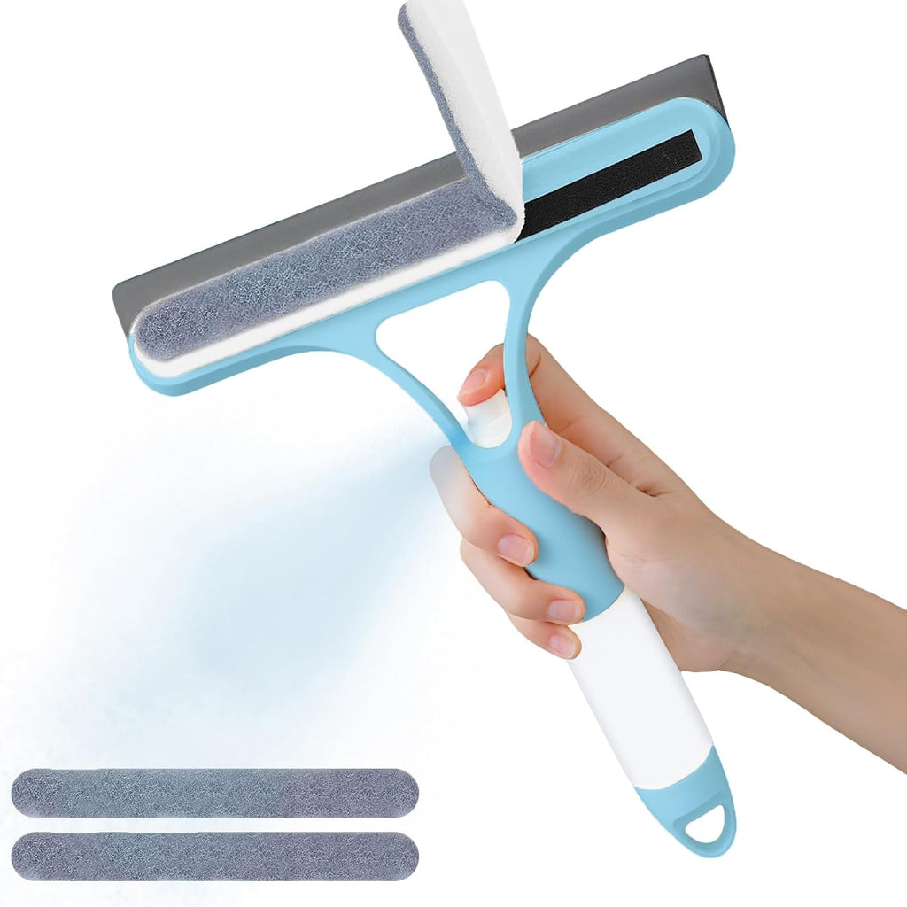 3 in 1 Window Cleaning Scraper with 2 Replaceable Cleaning Cotton Strips, 3 in 1 Spray Squeegee, Window Squeegee, Suitable for Cleaning Bathroom Glass, Mirrors, Car Windows (Blue)