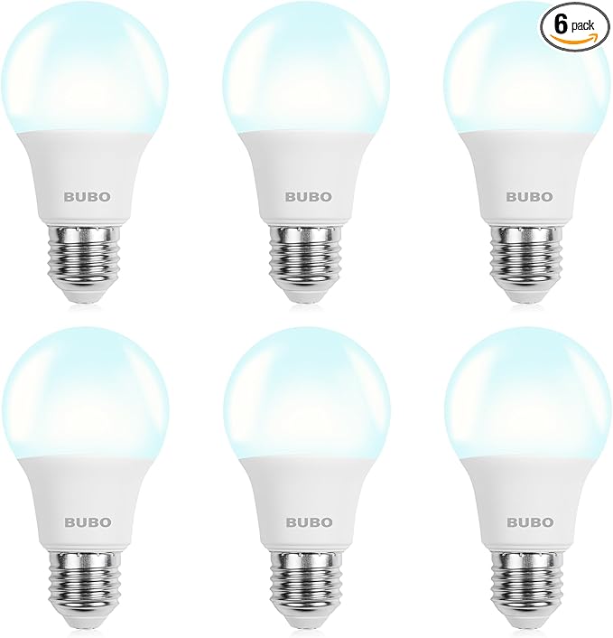 BUBO A19 LED Light Bulbs, 60 Watt Equivalent LED Bulbs, Daylight 5000K, 800 Lumens, E26 Standard Base, Non-Dimmable, 8W Daylight LED Bulbs for Bedroom Living Room Home Office, 6 Pack