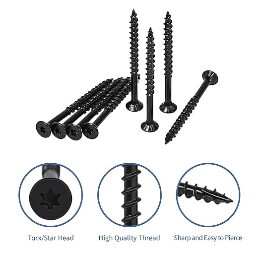 Wood Screws 2-1/2 Inch, Deck Screws #10 x 2-1/2", 100 PCS, Rust Resistant, Epoxy Coated, Outdoor Decking Screws, Torx/Star Drive Head, T25 Star Bit Included, Black