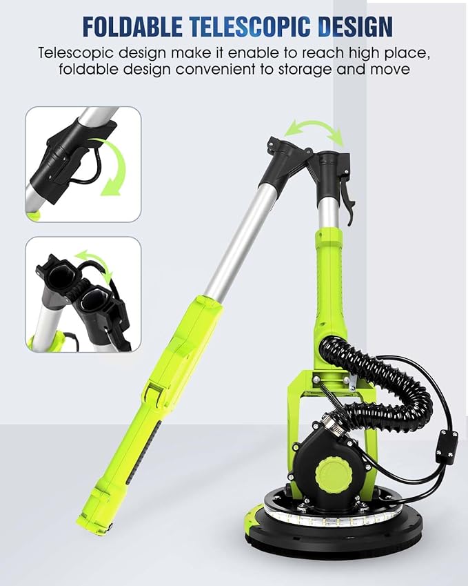 Drywall Sander, 7.2A Electric Drywall Sander with Vacuum Dust Collection, 6 Variable Speed 900-1800RPM, LED Light, Foldable & Extendable Handle, 9 Pcs Sandpaper&3 Pcs Grid Sandpaper, Full Green