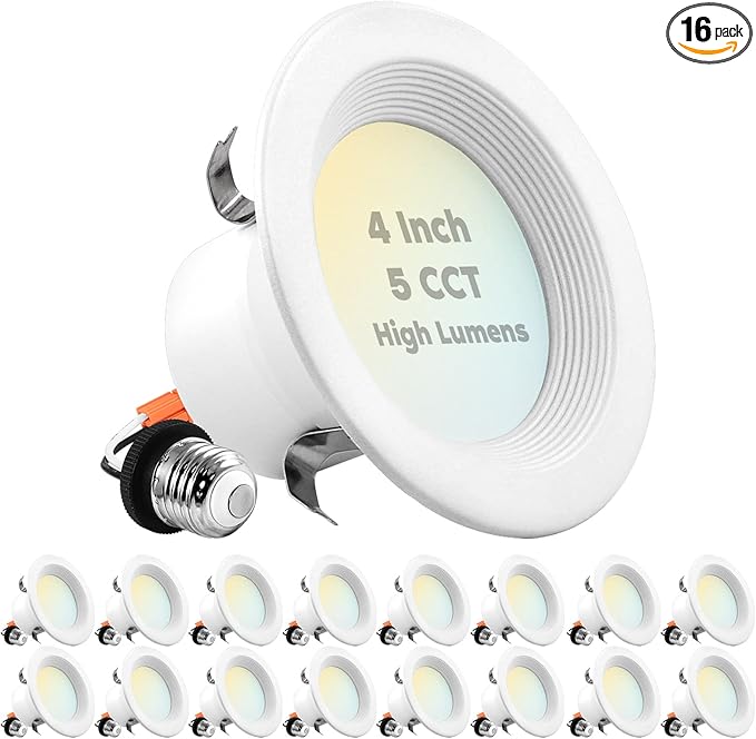 LUXRITE 16-Pack 4 Inch LED Recessed Can Lights, 14W=75W, 5 Color Options 2700K-5000K, 950 Lumens, Dimmable LED Retrofit Kit, Wet Rated, IC Rated, Recessed Ceiling Lights, ETL Listed, Baffle Trim