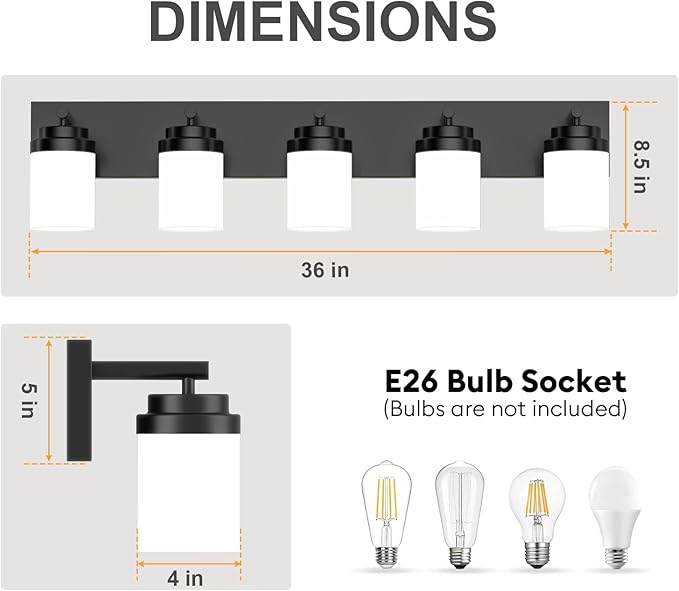 IZORRO Bathroom Vanity Light Fixture, 5-Light 36 Inch Matte Black Bathroom Light Fixtures Over Mirror, with White Glass Shade, Modern Farmhouse Vanity Lights, Rustic Restroom Lighting Fixtures