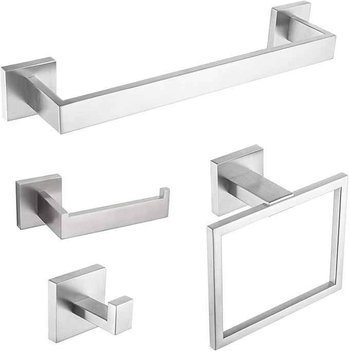 4-Piece Bathroom Hardware Set, Towel Rack Towel Holder Toilet Paper Holder Towel Hooks Towel Bar Set Stainless Steel Towel Rack Accessories Set Wall Mounted, Brushed Nickel 16 Inch
