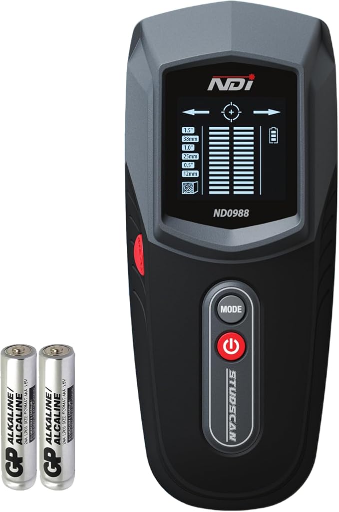 NDI ND0988 Stud Detector – Precise Wall Scanner for Wood Stud Detection with Multiple Depth Modes, Backlit LCD Display, and Audio Alerts – Ideal for Home Renovations and Installation Projects