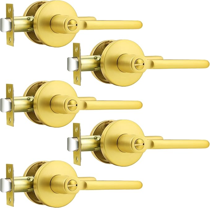 Probrico Gold Door Lever Privacy Door Handle Brushed Gold Door Handles Interior for Bed Bath, Keyless Door Handle Wave Style, 5 Pack