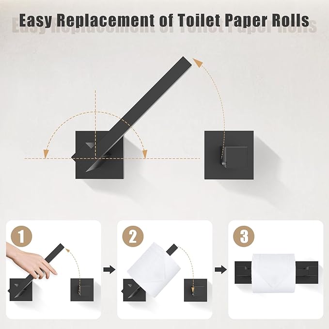 TQKAG Matte Black Bathroom Hardware Accessories Set 5 Pieces, Double Post Pivoting Toilet Paper Holder Set Stainless Steel Square Bathroom Towel Bar Holder Set Wall Mounted