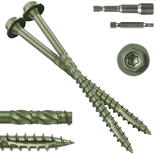 #14 x 4 Wood Structural Screws 100 Pack Hex Head Lag Screws, Rust Resistant Timber Screws for Timber/Log/Landscaping Wood (Green)