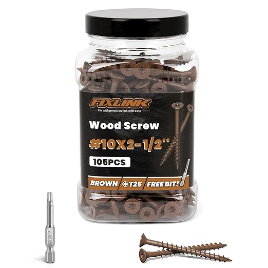 Wood Screws 2-1/2 Inch, FIXLINK Deck Screws #10 x 2-1/2", 105 PCS, Epoxy Coated, T25 Star Bit Above 1500 Hour Salt Spray Coating Outdoor Decking Screws Excellent Rust Resistant for Wood Fence, Brown