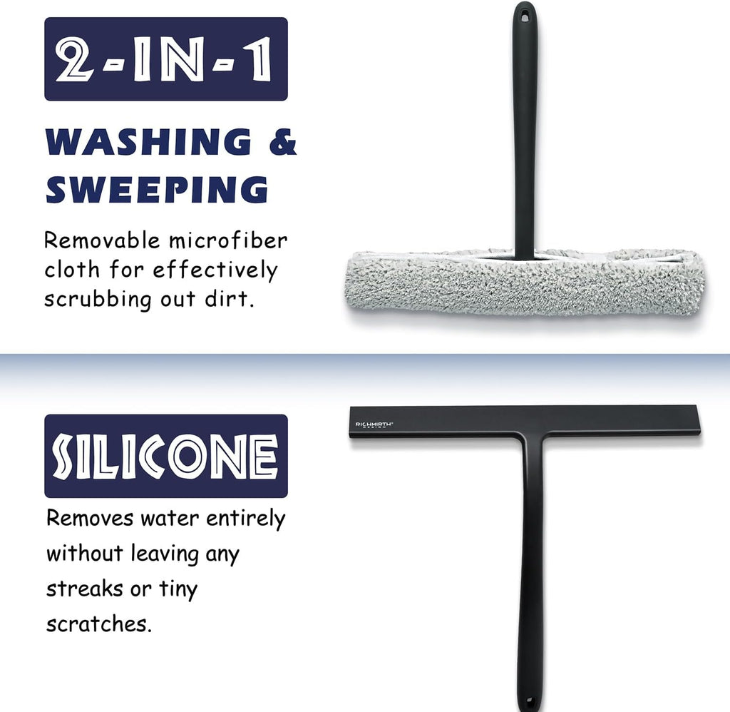 12 Inch Silicone Shower Squeegee for Glass Doors with Hook – Streak-Free Window Cleaner for Bathroom, Mirror, Tile & Car, No Scratch Squeegee with Metal Core (Black)