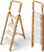 Taranta 4 Step Ladder, Portable Folding Ladder with Wide Pedal, Lightweight Aluminum Step Stool with Convenient Handgrip, 330 lbs Capacity Stepladder for Home, Office - White Woodgrain