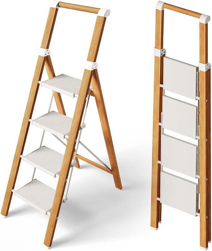 Taranta 4 Step Ladder, Portable Folding Ladder with Wide Pedal, Lightweight Aluminum Step Stool with Convenient Handgrip, 330 lbs Capacity Stepladder for Home, Office - White Woodgrain
