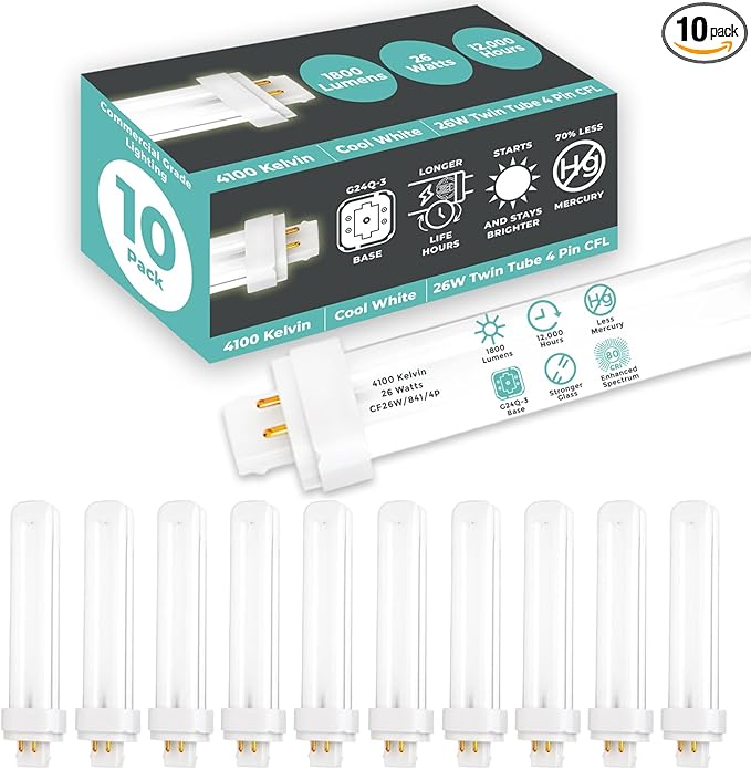 GoodBulb 26 Watt CFL Light Bulbs 4 Pin G24Q-3 Base 4100K Cool White 26W High Output 1800 Lumens Double Tube Compact Fluorescent Light Bulbs Plug-in 10 Pack