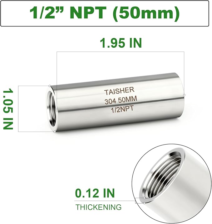 TAISHER 2PCS Stainless Steel Pipe Fittings, 1/2" NPT Female x 1/2" NPT Female Threaded, 2" Length Thickened Nipple Cast Pipe