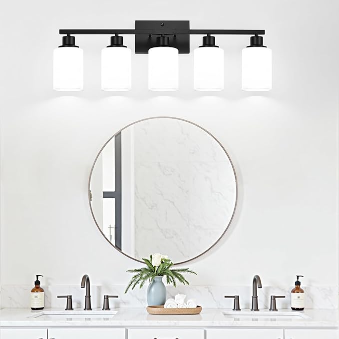 5-Light Black Bathroom Vanity Light Fixture with Milky White Frosted Glass Shades, Bathroom Light Fixture for Mirror, Matte Finish, Reversible Up/Down Lighting for Bedroom, Living Room, Hallway