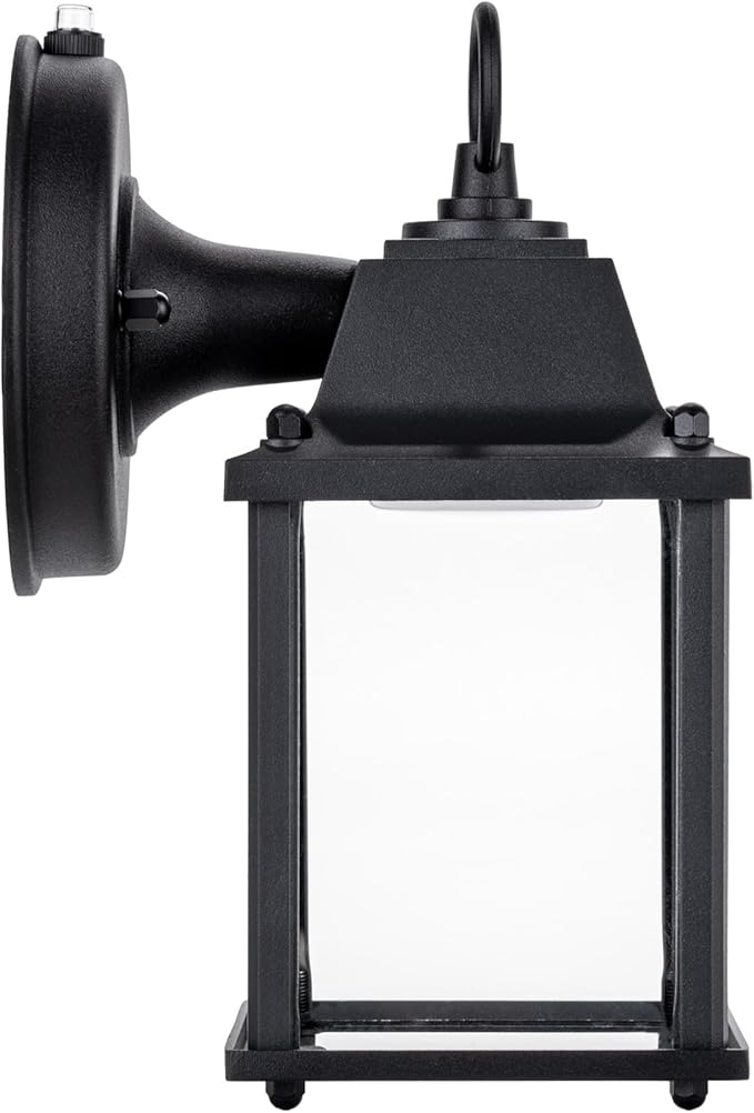 LIT-PaTH Small Outdoor LED Wall Lantern with Dusk to Dawn Photocell, 3000K Warm White, 9.5W, 800 Lumen, Aluminum Housing Plus Glass, Outdoor Rated, 1-Pack, Black