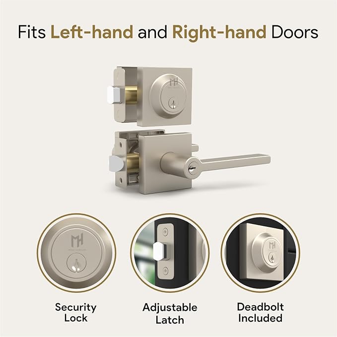 Mega Handles Prime Entrance Combo, Entry Lever Door Handle and Single Cylinder Deadbolt Lock and Key Combo, Heavy Duty Square Locking Door Levers Set for Left or Right-Handed Doors - Satin Nickel