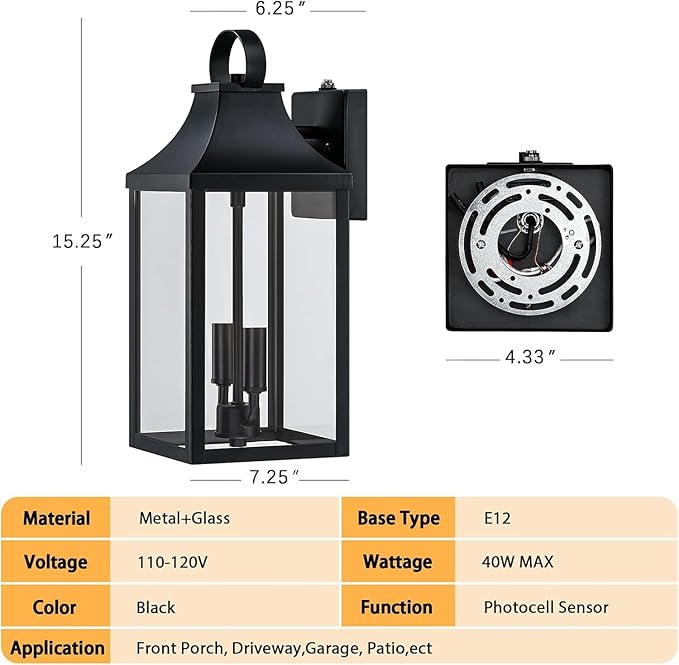 15" Dusk to Dawn Black Outdoor Wall Lantern 2-Light, Outside Modern Wall Sconce Light Fixture, Industrial Porch Light with E12 Sockets, Waterproof Exterior Lamp Lighting, Black