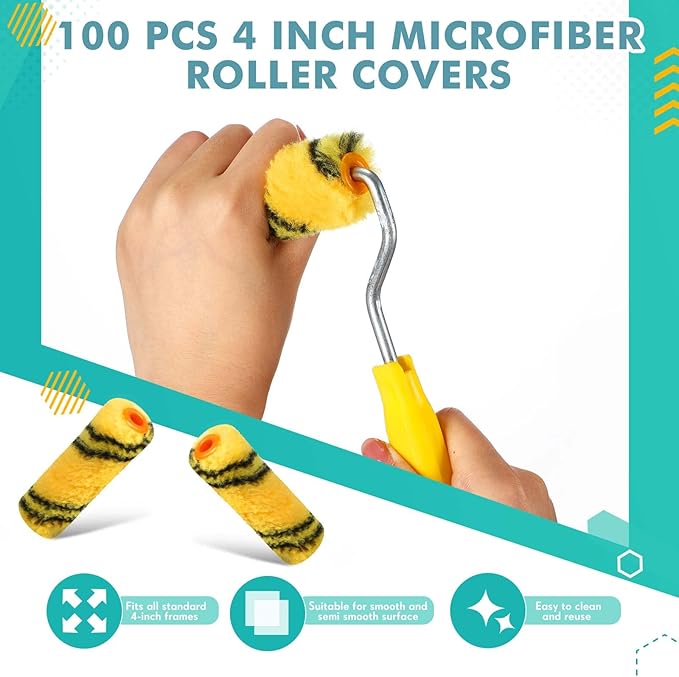 Leumoi 100 Pcs Paint Roller Covers 1/2 x 4 Inch Microfiber Paint Roller Covers Paint Brush Cover Small Roller Nap Mini House Painting Supplies for Painting Wall DIY Household Tool (Black Yellow)
