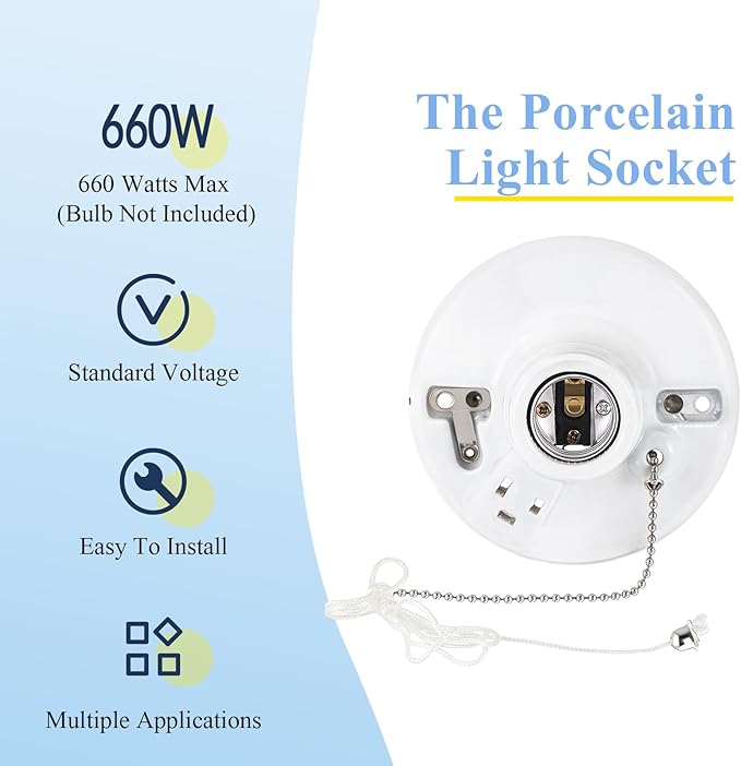 4 Pack Porcelain Light Socket with Outlet and Pull Chain Light Fixture, Bulb Socket with Grounded Outlet, E27/e26 Base, Porcelain Box Mount for Indoor Garage Closet Lighting