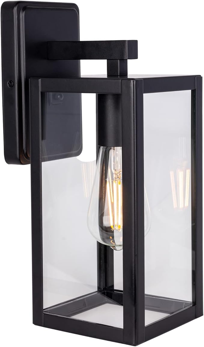 LIT-PaTH Outdoor Wall Lantern, Wall Sconce as Porch Lighting Fixture, E26 Medium Base Max 60W, Anti-Rust Metal with Glass Shade, Black, 1-Pack