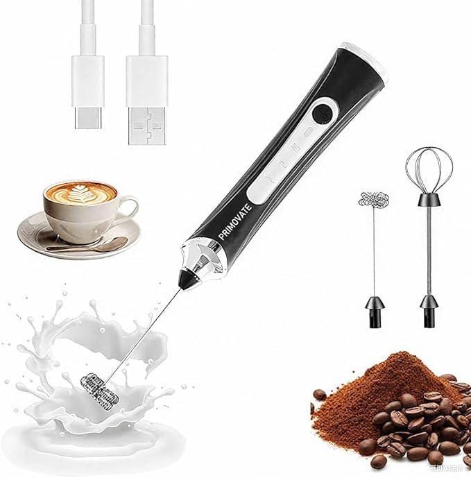 Rechargable Milk Frother, Handheld Drink Mixer with Whisk Attachment, 2025 upgraded, powerfull 3 speed motor, Type C charging with charge light, with extra egg mix head (Black without Stand)
