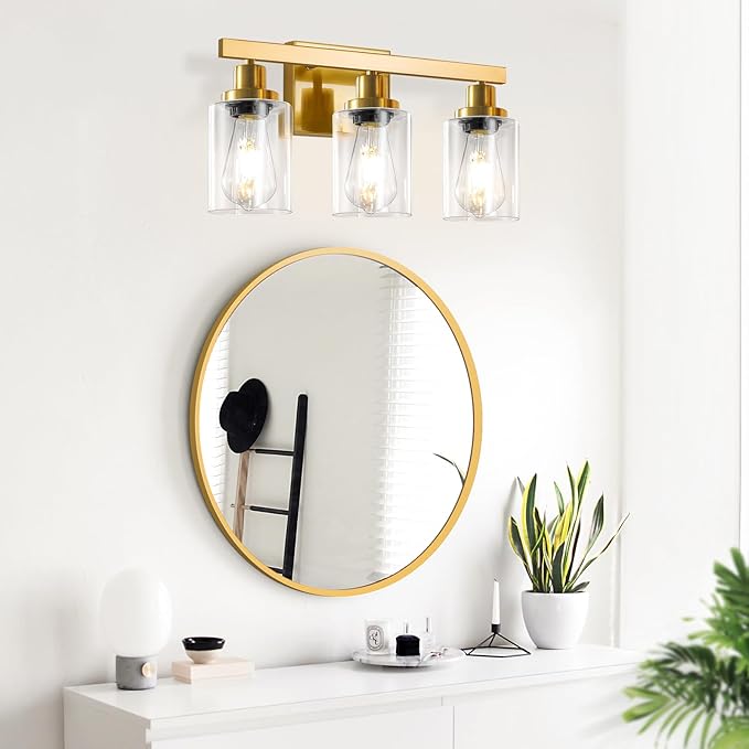 3 Light Gold Bathroom Light Fixtures, Bathroom Vanity Light Over Mirror, Gold Wall Sconce Vanity Lighting with Clear Glass Shade,Modern Farmhouse Bath Wall Lamp for Mirror Kitchen